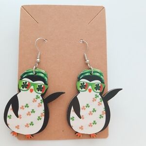 Fashion Jewelry Penguin Earrings with Green and Orange Accents